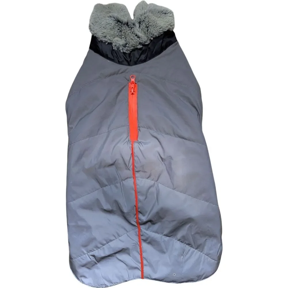 Quilted Puffy Coat For Dog with Fur Collar In Gray And Black